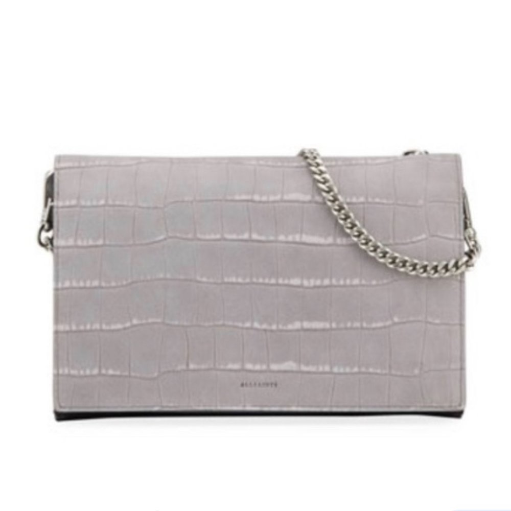 All Saints Claremont Croc Embossed Chain Crossbody Bag - Grey